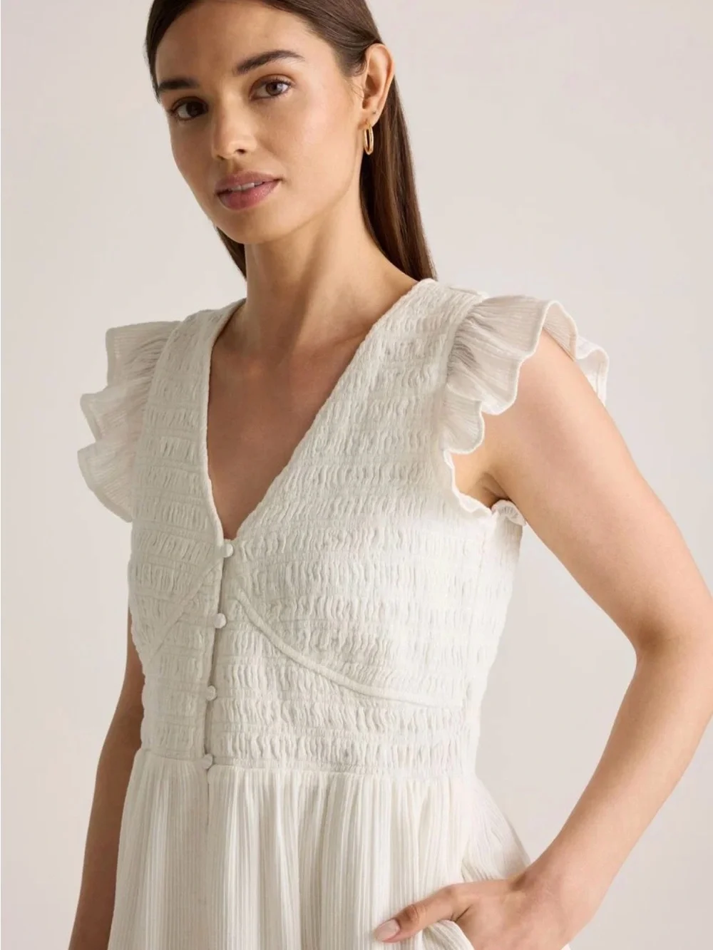 NWT Quince 100% Organic Cotton Smocked V-Neck Midi Dress - Picture 2 of 8
